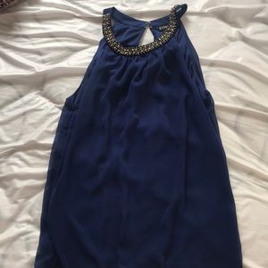 Blue dressy top w/ embellished detail on neckline